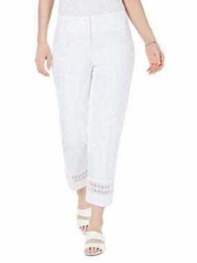 Alfani Slim Leg Tummy Control Ankle Bright White Pants Eyelet Hem Size 12P